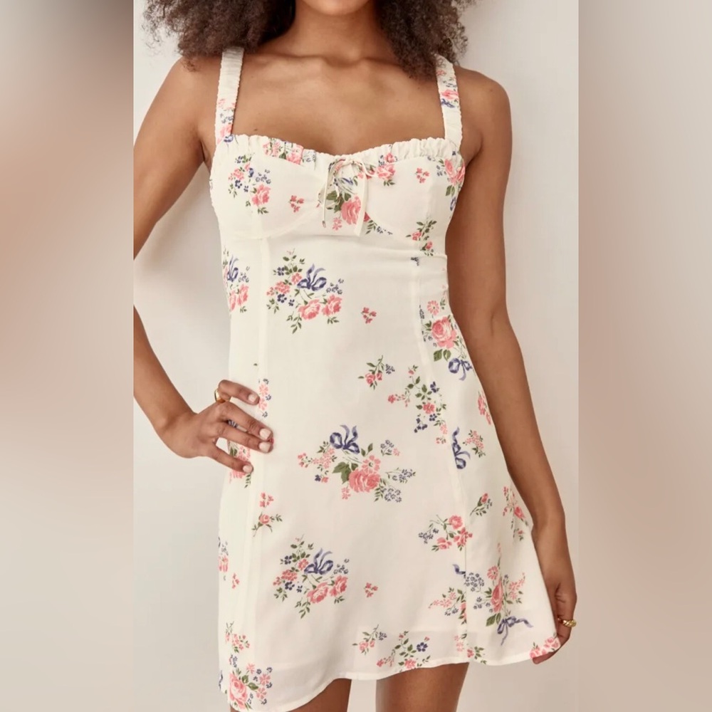 Reformation Jordy Mini Dress Ruching dainty floral print in cream & Pink size 2